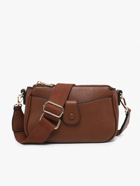 Multi-Pocket Pebbled Leather Zip Crossbody Bag with Wide Nylon Strap