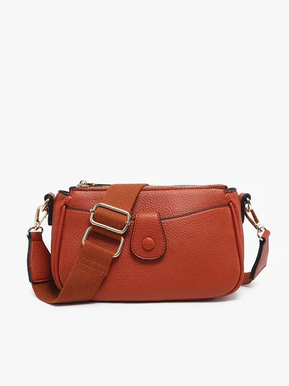 Multi-Pocket Pebbled Leather Zip Crossbody Bag with Wide Nylon Strap