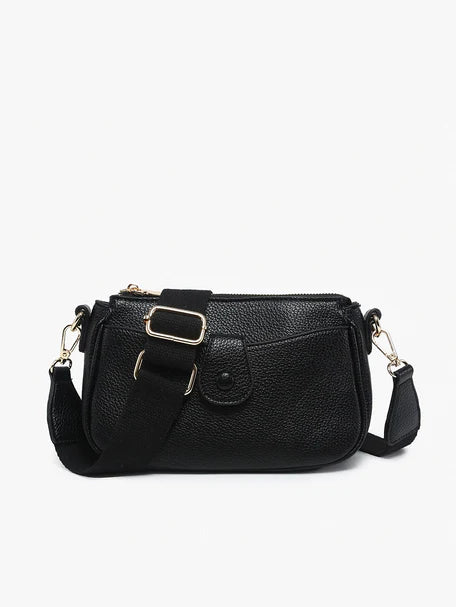 Multi-Pocket Pebbled Leather Zip Crossbody Bag with Wide Nylon Strap