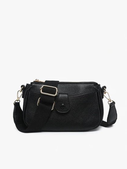 Multi-Pocket Pebbled Leather Zip Crossbody Bag with Wide Nylon Strap