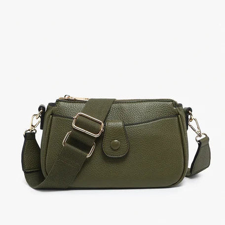 Multi-Pocket Pebbled Leather Zip Crossbody Bag with Wide Nylon Strap